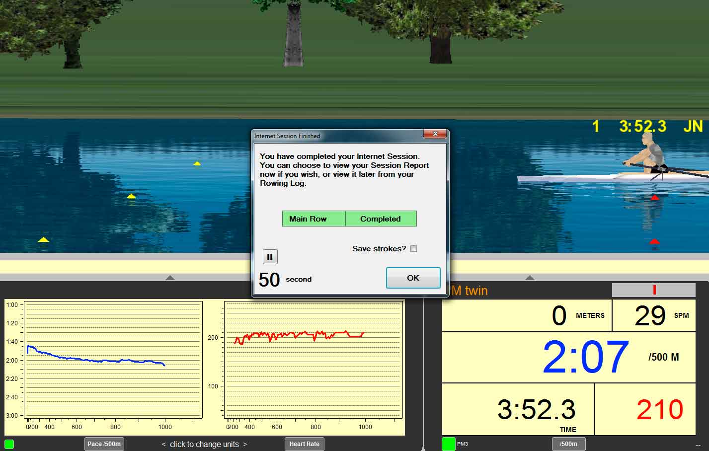 Finish screen for the 1000 meter sprint. My heart rate started acting up right away, in the 3rd split when it jumped to 187 and then topped at over 200. So I eased up and didn't push as hard as I would have liked to.