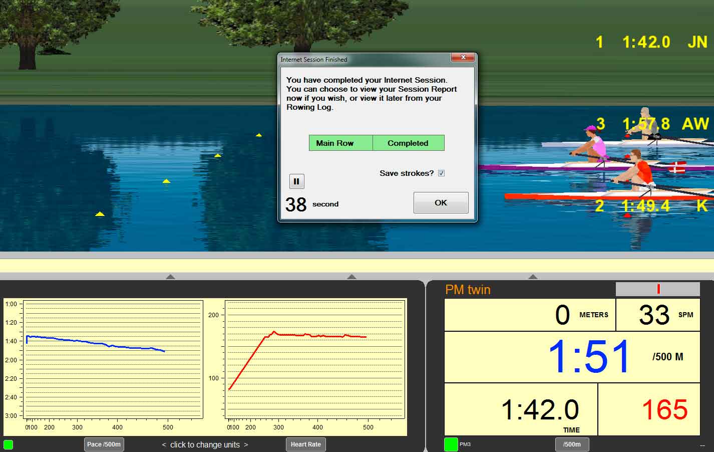 Finish screen for the 500 m sprint. I think that the reason my HR started acting up in the 1K that followed might be because I didn't warm down after this sprint.