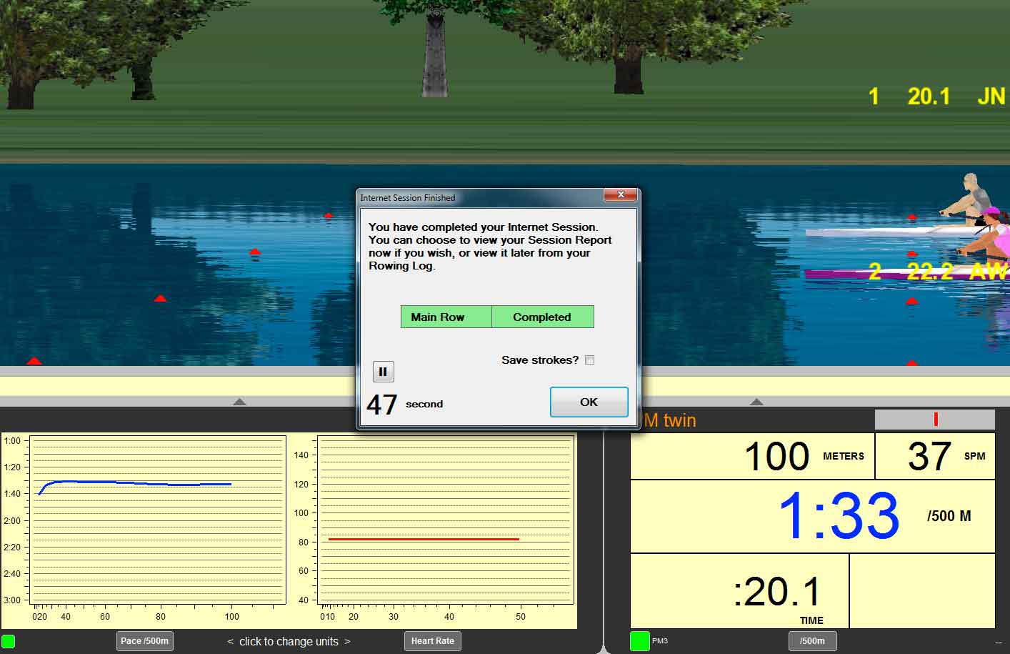 Finish screen for the first 100 m sprint. I was disappointed that the time was longer than 20 seconds, so I did another 100m after the 10K.