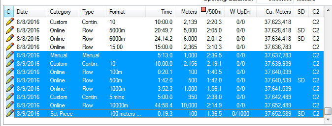 A summary list of today's rowing, highlighted in blue.